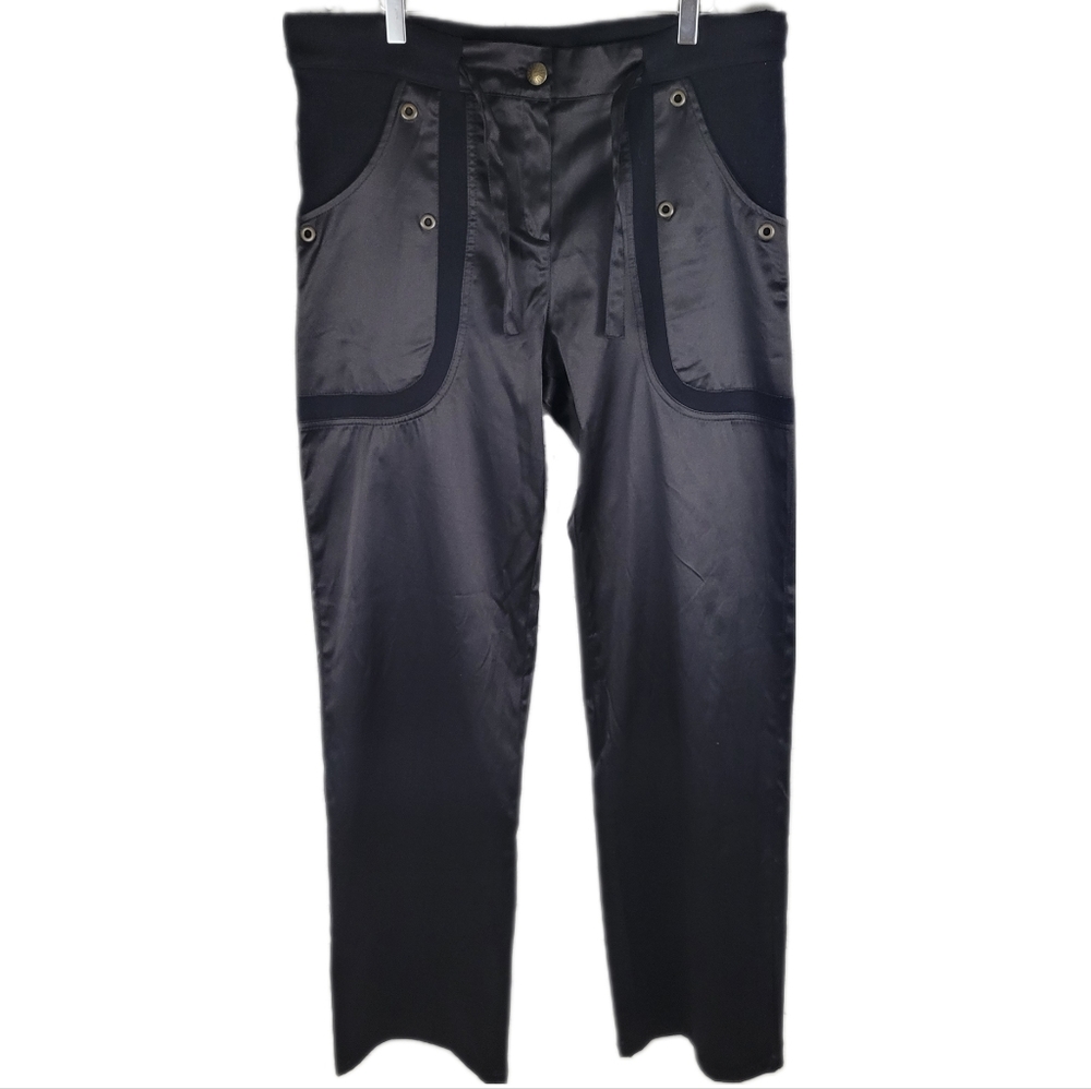 DELIZIA | satin drawstring patch pocket straight leg pants
